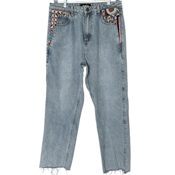 Desigual Embroidered Jeans Women’s Size 42/10 Straight Leg Boho Patchwork Denim - Picture 1 of 8